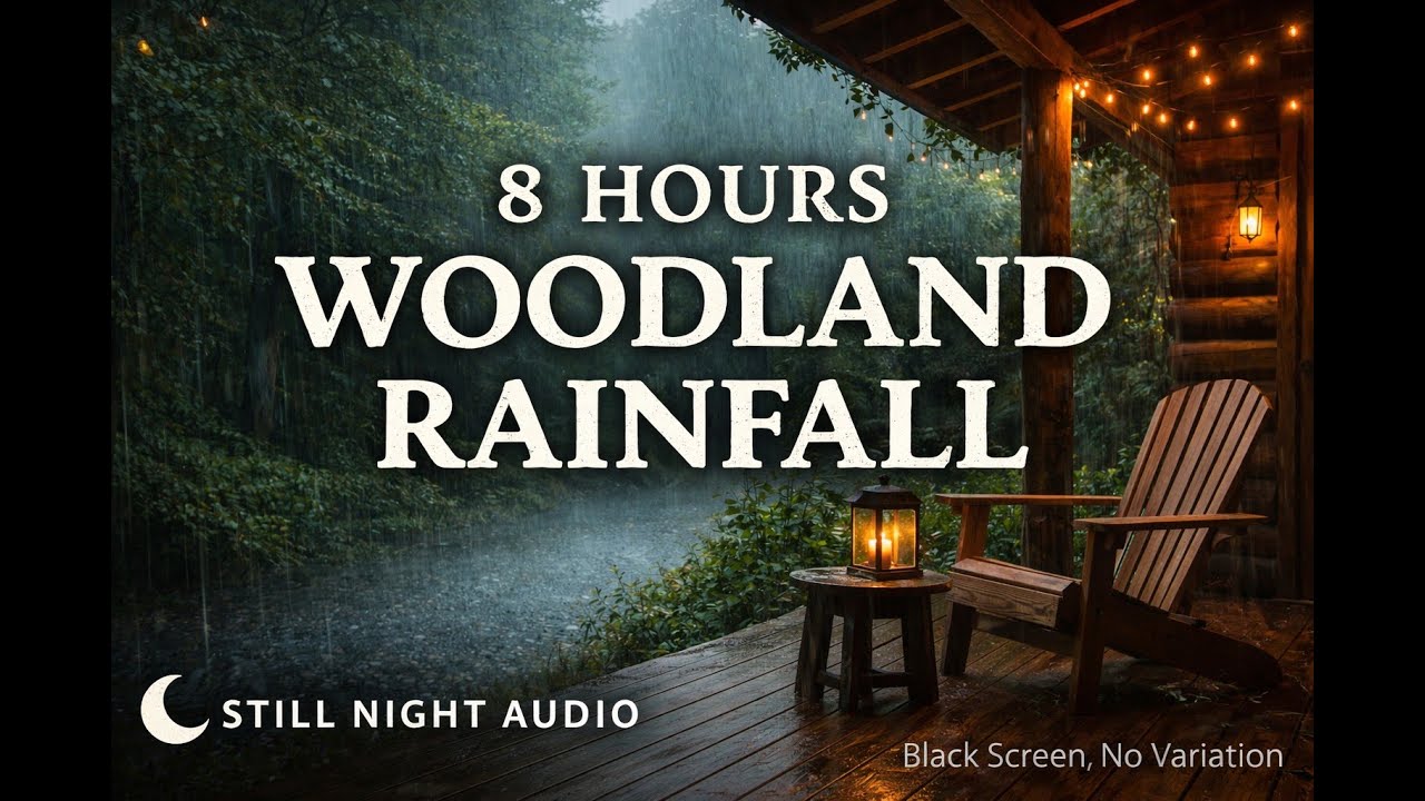 8 Hours Woodland Rainfall – Black Screen, No Variation | Still Night Audio