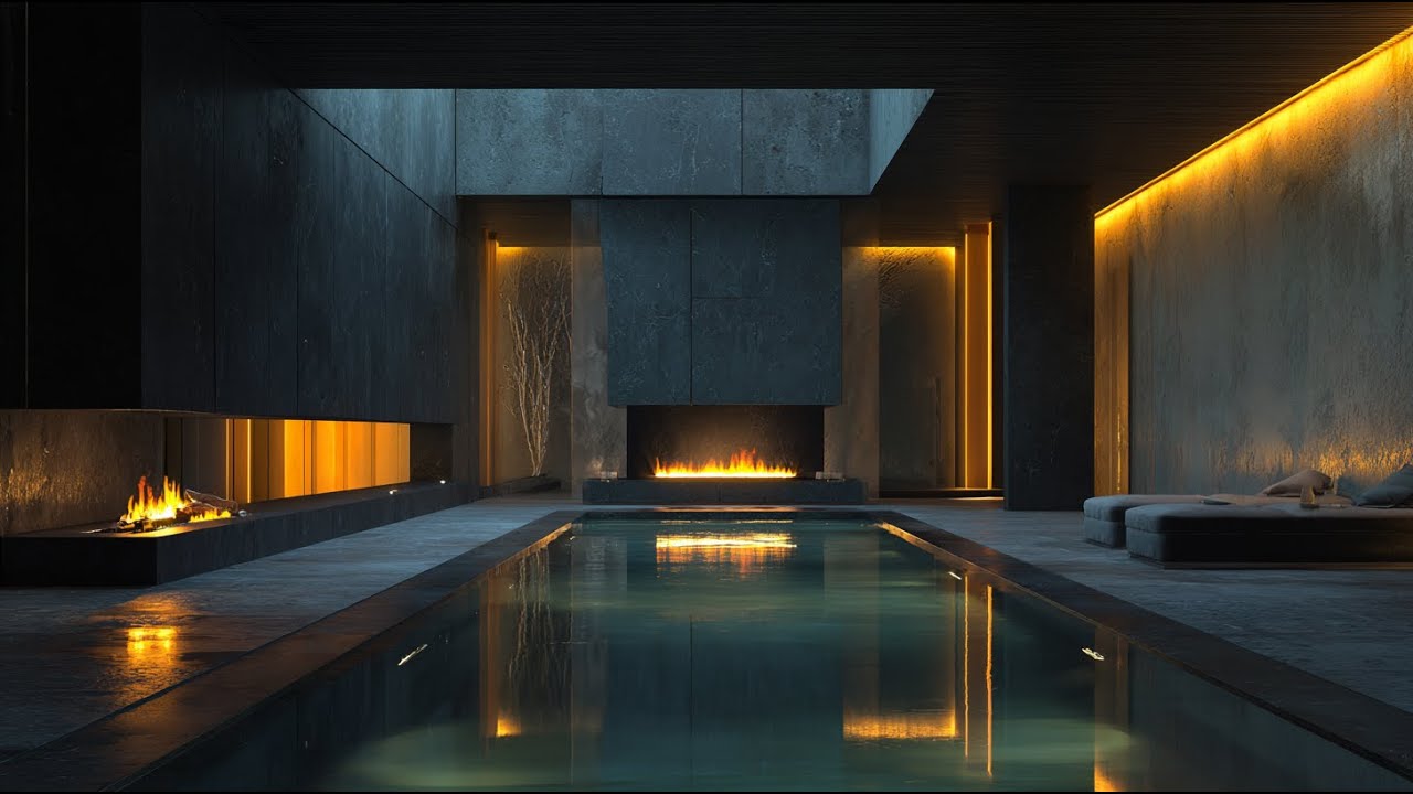 4 Hours Deep Focus Music | Dark Ambient Pool with Dual Fireplaces & Warm Light
