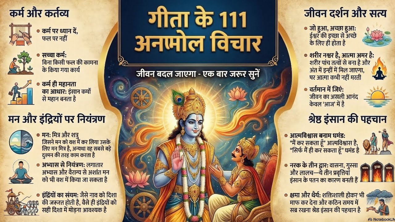 श्रीमद्भगवद गीता: जीवन दर्शन एवं कर्म योग का सार #geeta के 111 अनमोल विचार #jeevan darshan