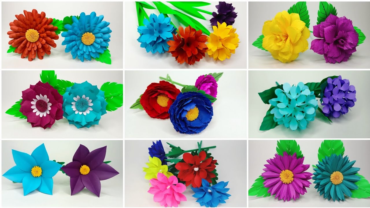 Paper flowers || 9 different and beautiful flower making ideas || Room Decoration || DIY crafts