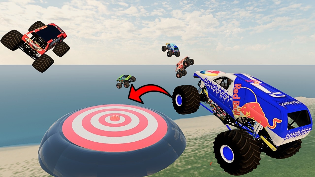 Extreme Monster Truck Downhill Challenge! Huge Ramp Jumps & Target Crash Destruction