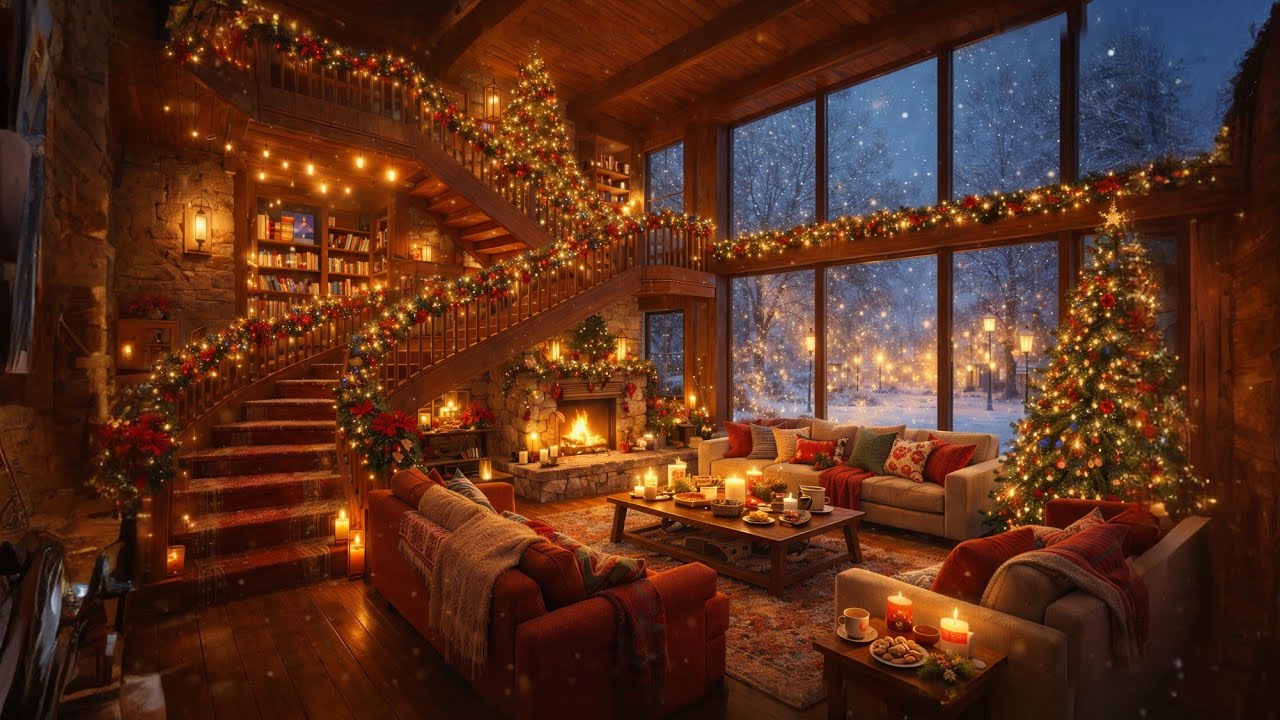 🔥 Cozy Christmas Cabin 24/7 🎄 Instrumental Christmas & New Year Piano Music with Fireplace for Sleep