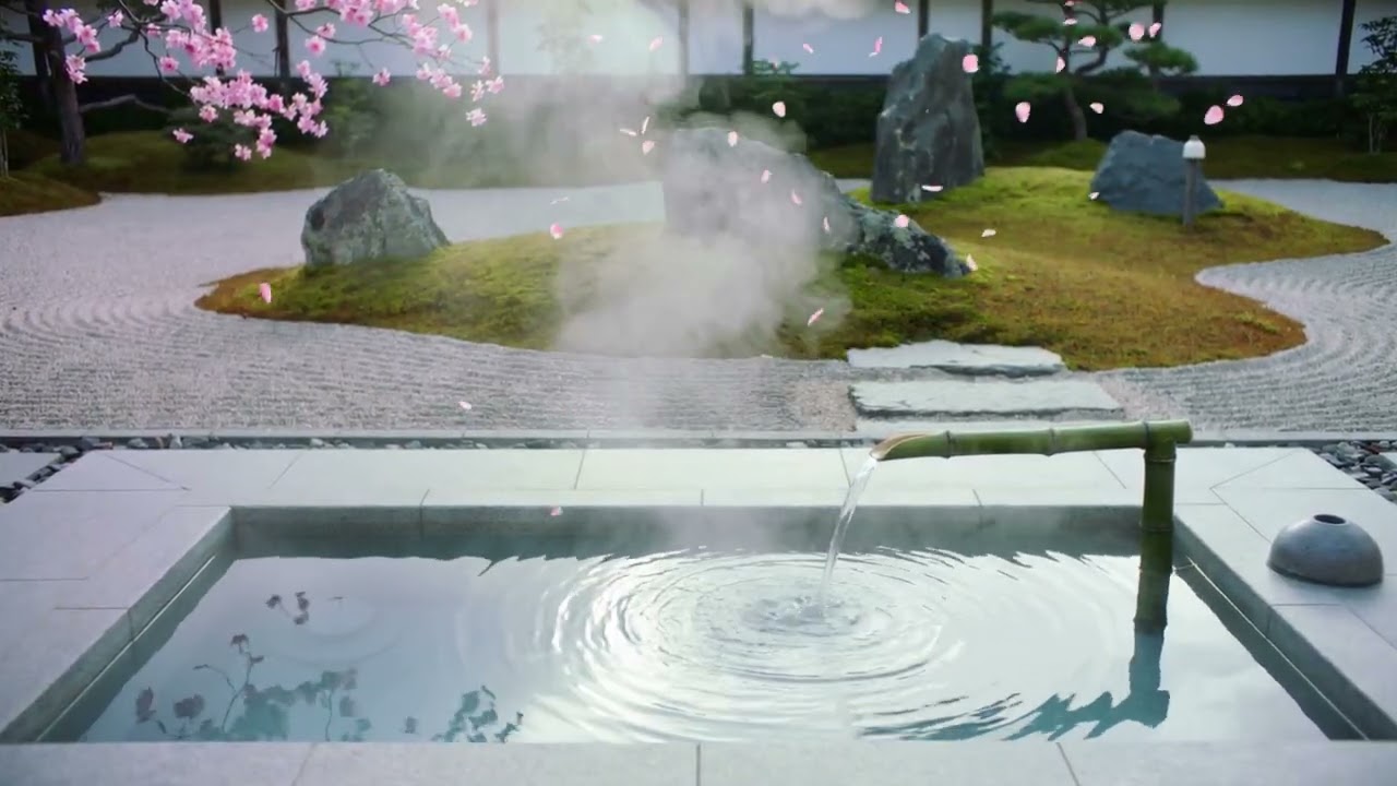 Japanese Hot Spring & Cherry Blossoms 🌸 Relaxing Onsen Sounds | Spa & Meditation 4K