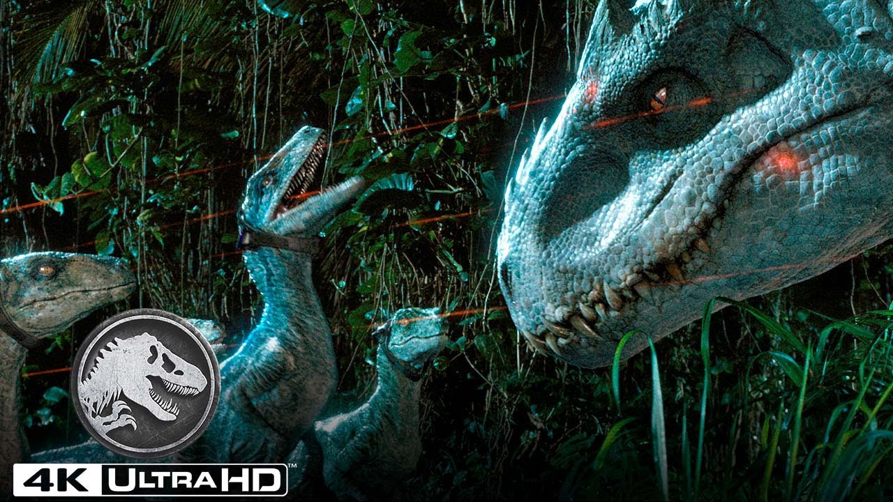 名シーン特集 |『ジュラシック・ワールド』 ヴェロキラプトルの大群がインドミナス・レックスを追う！(4K HDR）