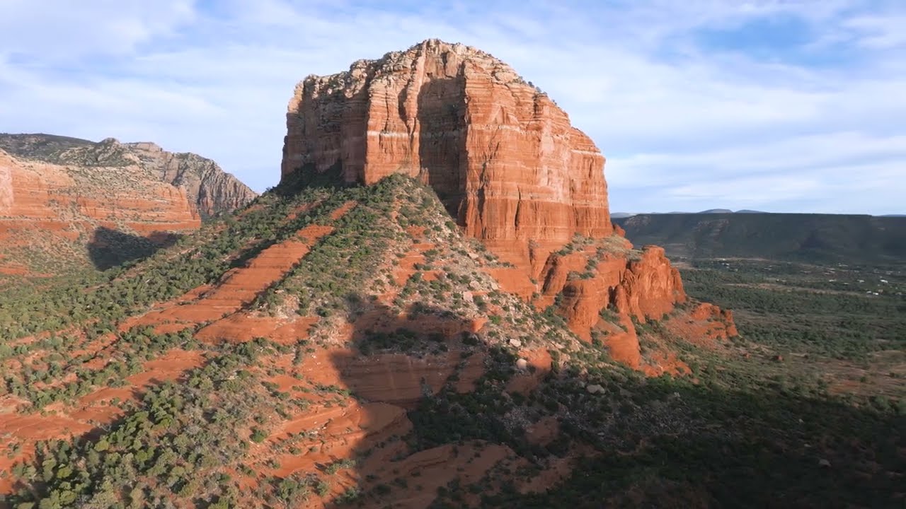 A drone's-eye view of the Martian-like landscape of Sedona, Arizona