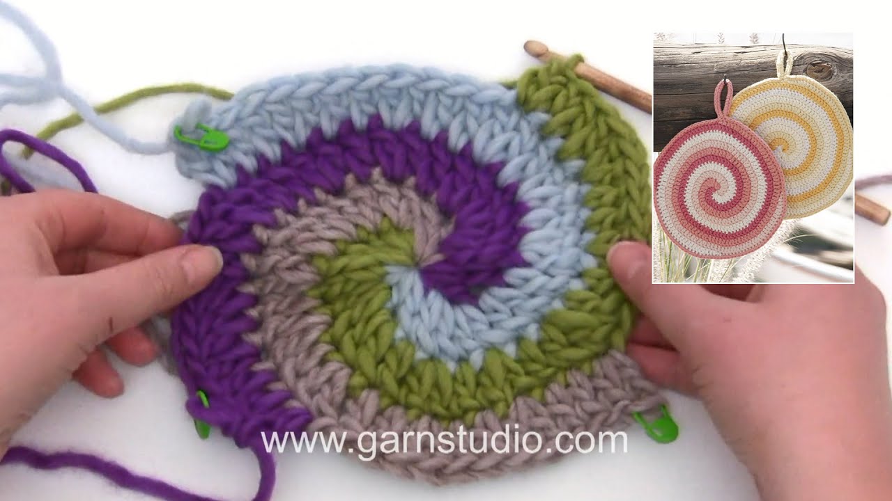 How to crochet the pot holder with stripes and spiral in DROPS 170-23
