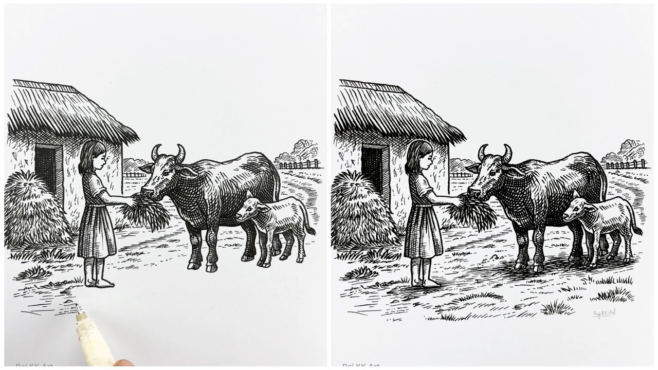 HOW TO DRAW a Village Girl Feeding a Cow with Calf | Emotional Pencil Drawing