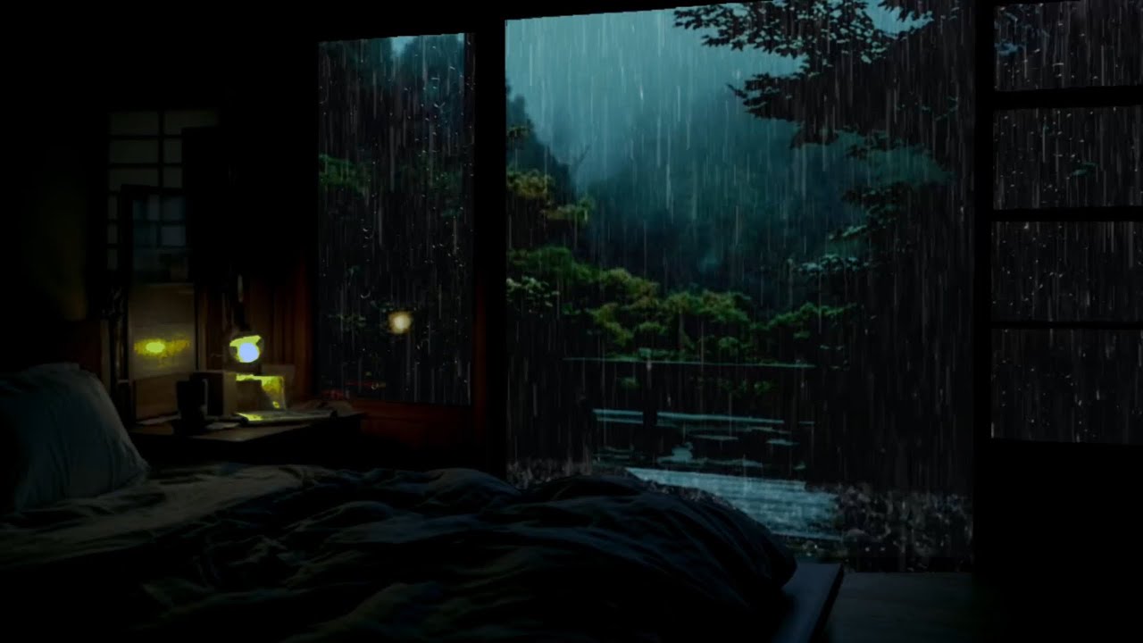 Gentle Rain in a Dark Bedroom (No Ads)🌧| Forest Night Ambience for Deep Sleep & Relaxation