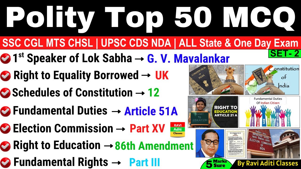 Polity Top 50 MCQs | Indian Polity Gk MCQs Questions And Answers | By Ravi Aditi Classes | SET - 2