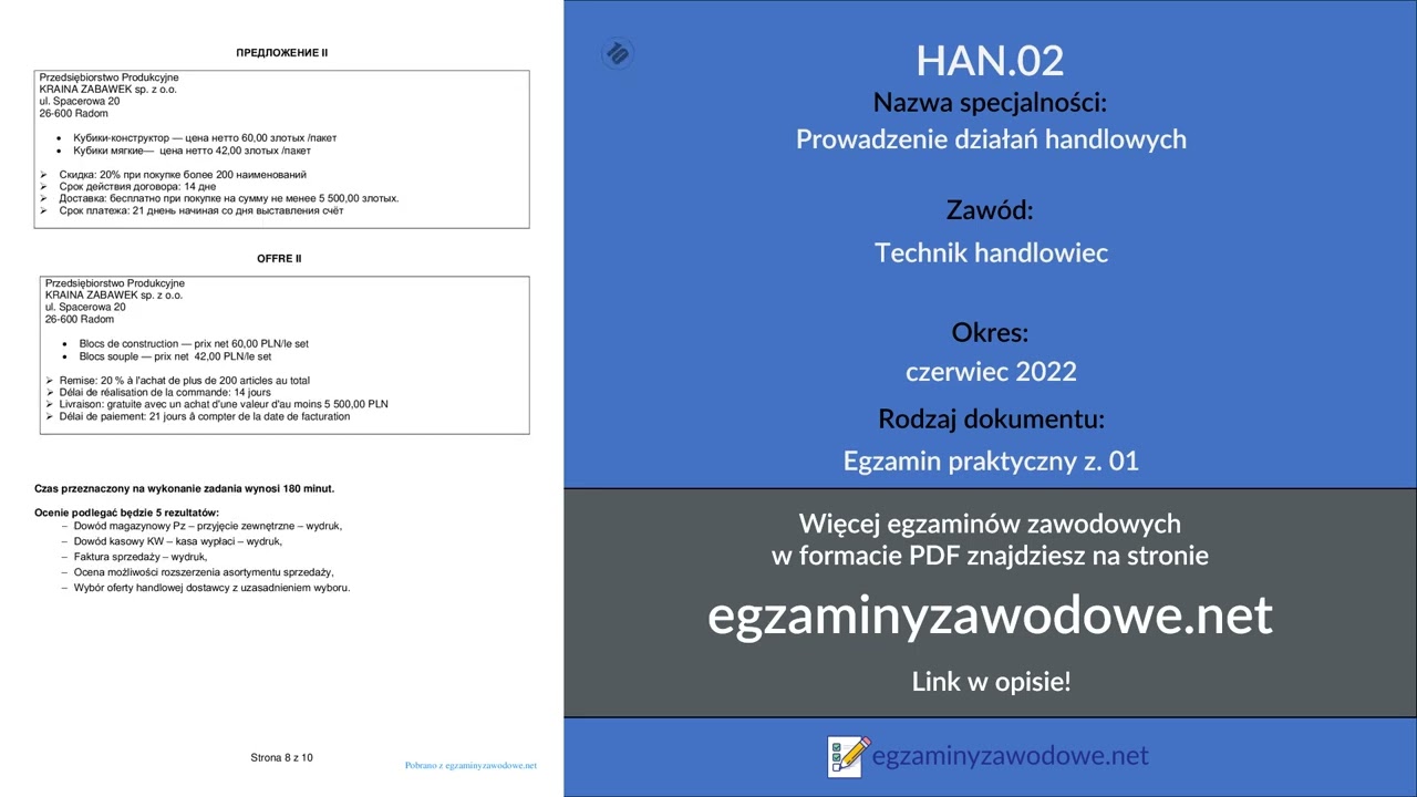 Egzamin zawodowy praktyczny z. 01 HAN.02, Prowadzenie działań handlowych, czerwiec 2022