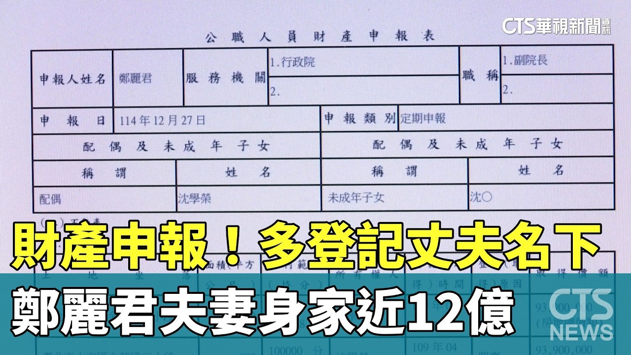 財產申報！　鄭麗君夫妻身家近12億　多登記丈夫名下｜華視新聞 20260310 @CtsTw