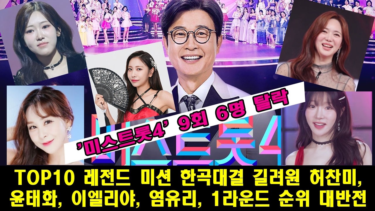 '미스트롯4' 9회 6명 탈락, TOP10 레전드 미션 한곡대결 길려원 허찬미, 윤태화, 이엘리야, 염유리, 1라운드 순위 대반전