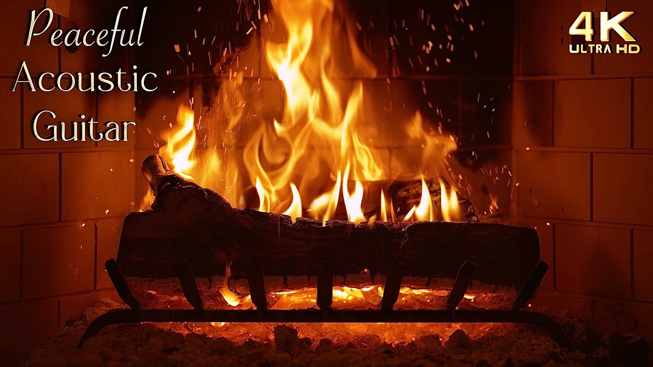 🔥 Peaceful Acoustic Guitar Music Fireplace ⎸ Sleepy Ambience 4K (No Ads Midroll)