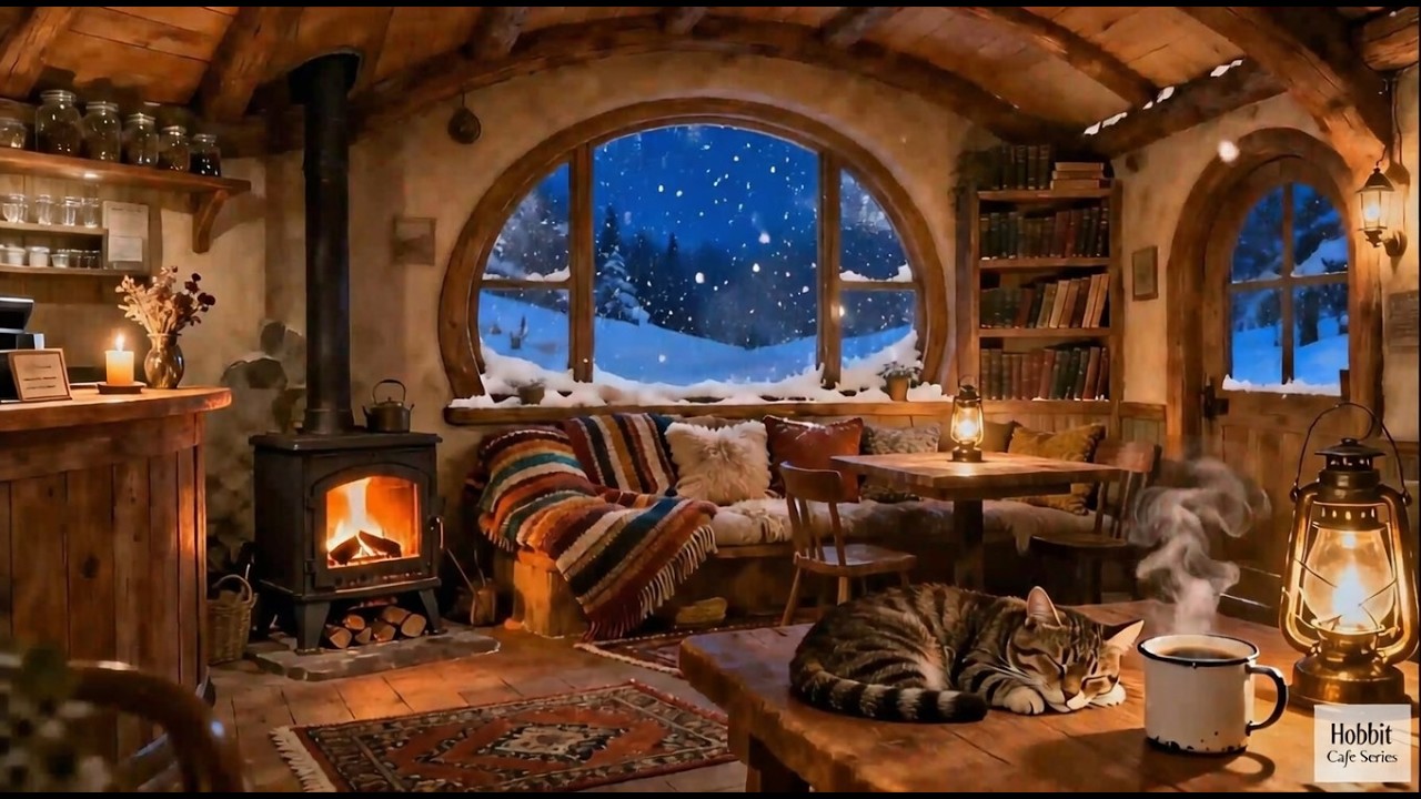🐱☕ Cozy Hobbit Cafe with Sleeping Cat & Calm Jazz Fireplace Snow Night Ambience