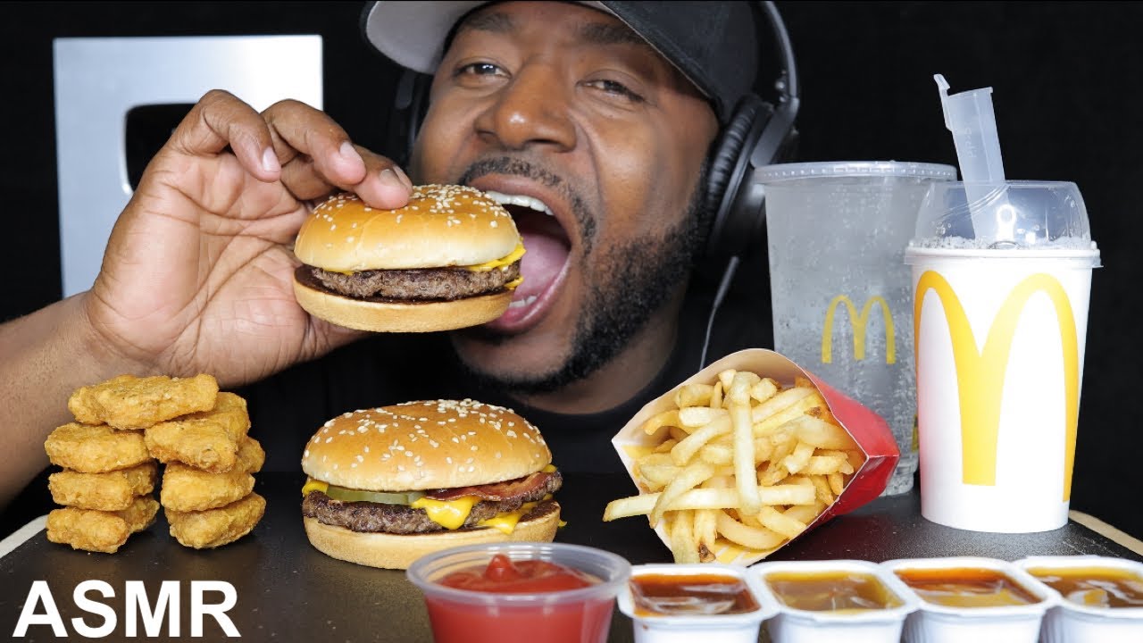 ASMR EATING MCDONALDS CHEESEBURGER, CHICKEN NUGGETS, FRENCH FRIES, & OREO MCFLURRY ICE CREAM.