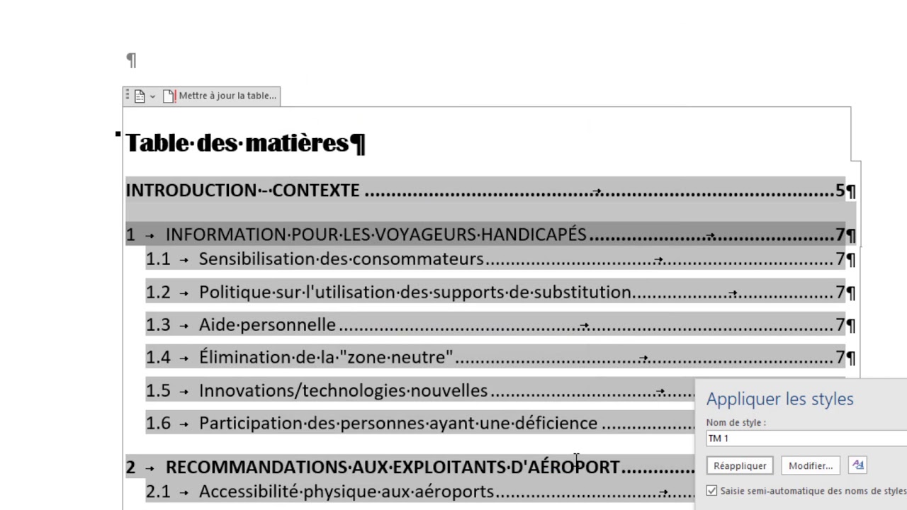 Insertion et mise en forme de la table des matières