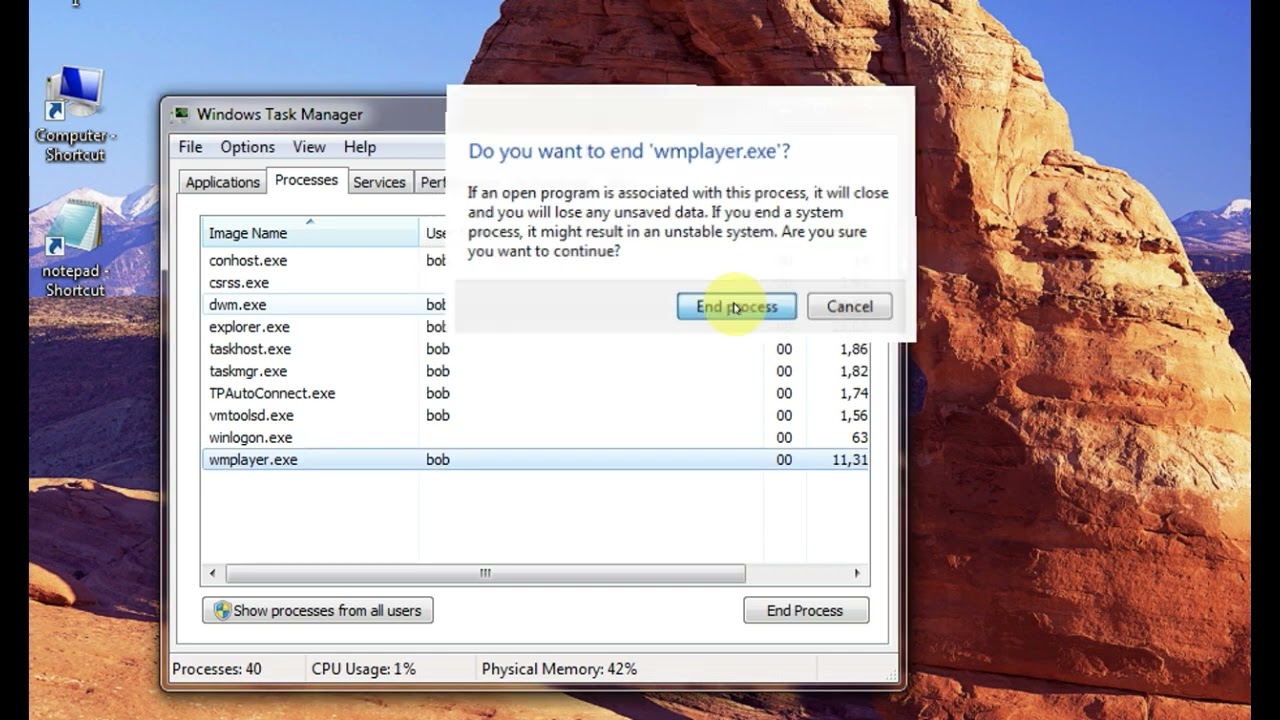 Tasking Manager with processes, services, performance, networking, and users.
