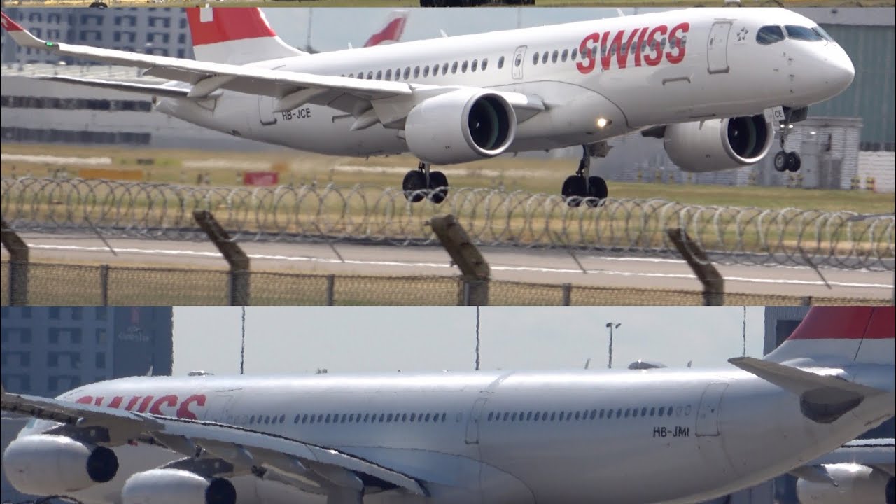 Swiss aircraft at Heathrow.   Airbus A220s;  A330;  A340 . Boeing 777.   @flySWISS #flyswiss