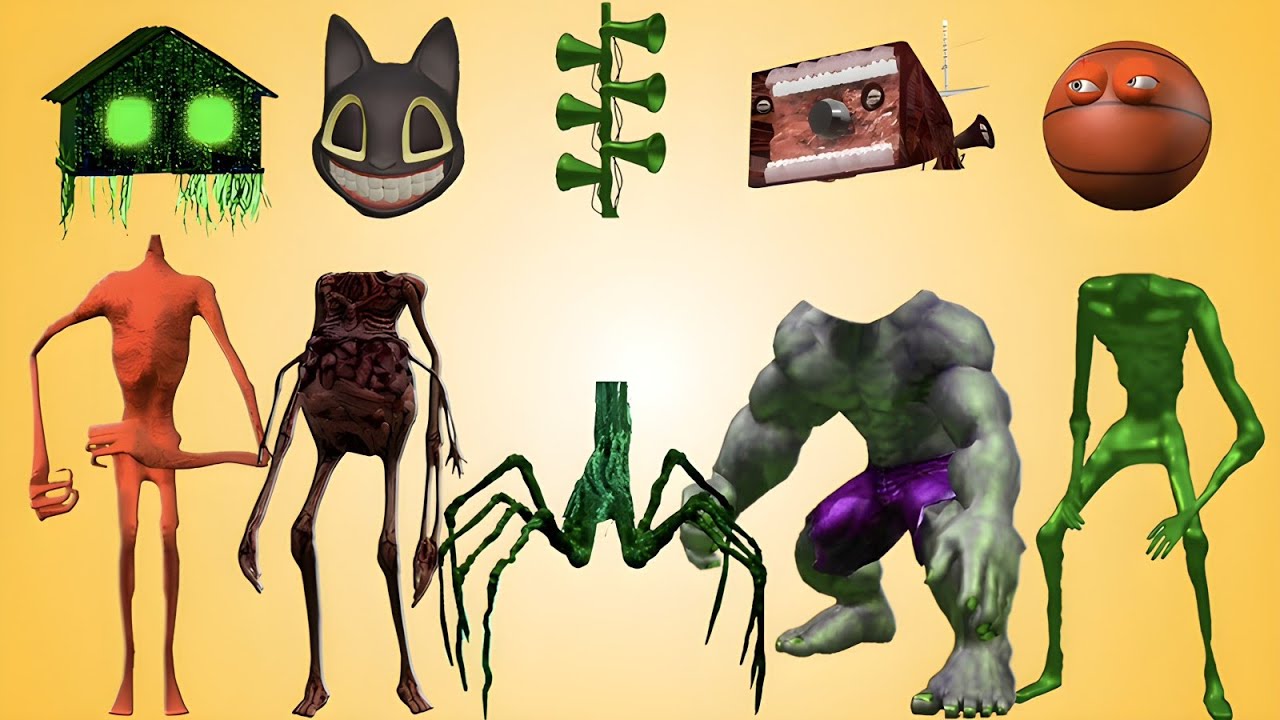 WRONG HEADS HOUSE HEAD, CARTOON CAT HULK, SIREN HEAD TREVOR HUNDERSON, TRIPLE, CHAINSAW SIREN HEAD