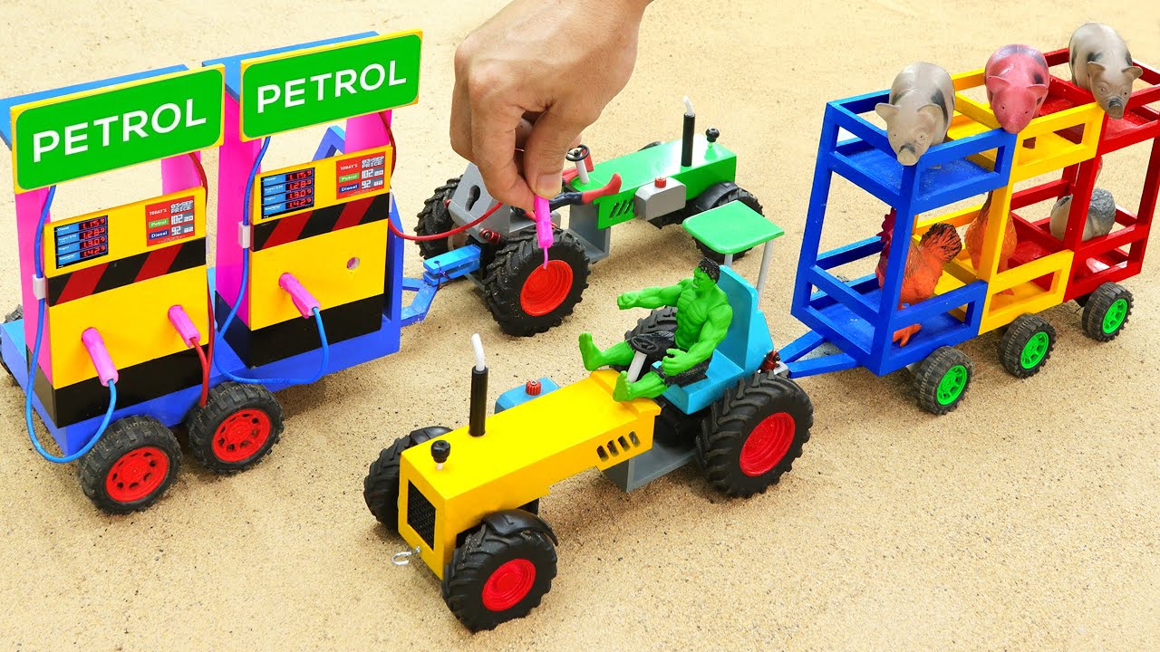 DIY making mini Double pertrol pump for full animal loading truck | Tractor is stuck in the mud