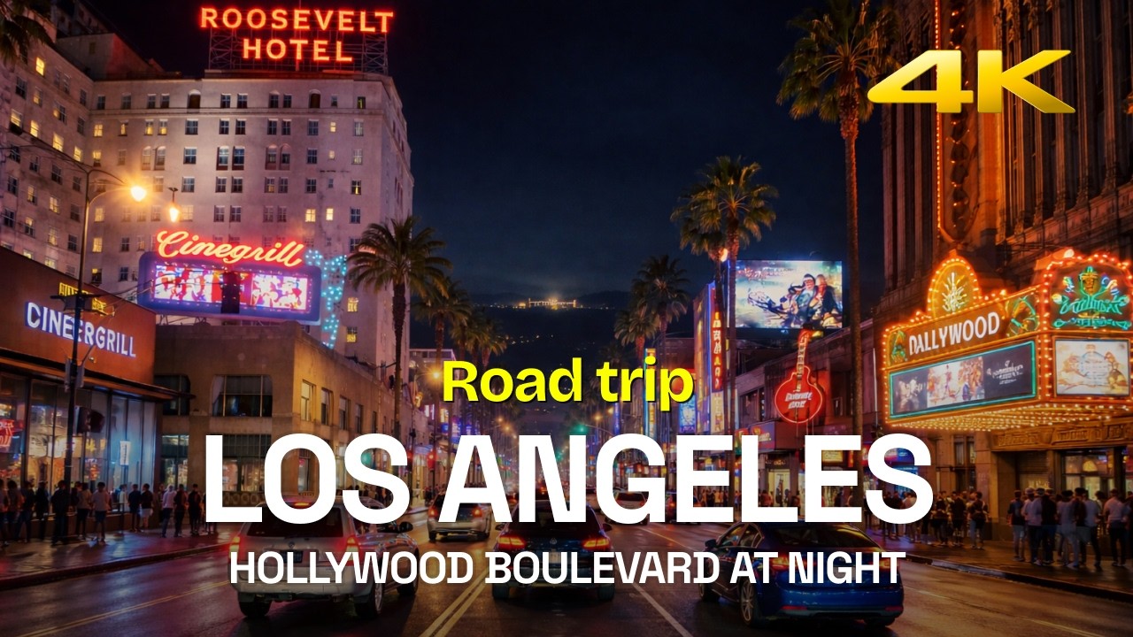 Los Angeles from the movies – Hollywood boulevard at night | 4K HD ASMR Road trip