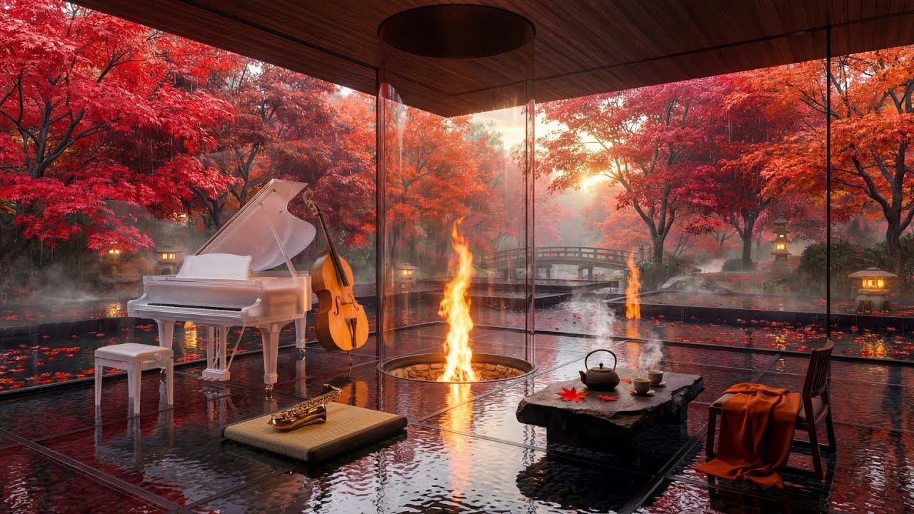 Crimson Zen Garden 🍁 Traditional Jazz Band & Fireplace for Reading & Creative Flow | 1 Hour [4K]