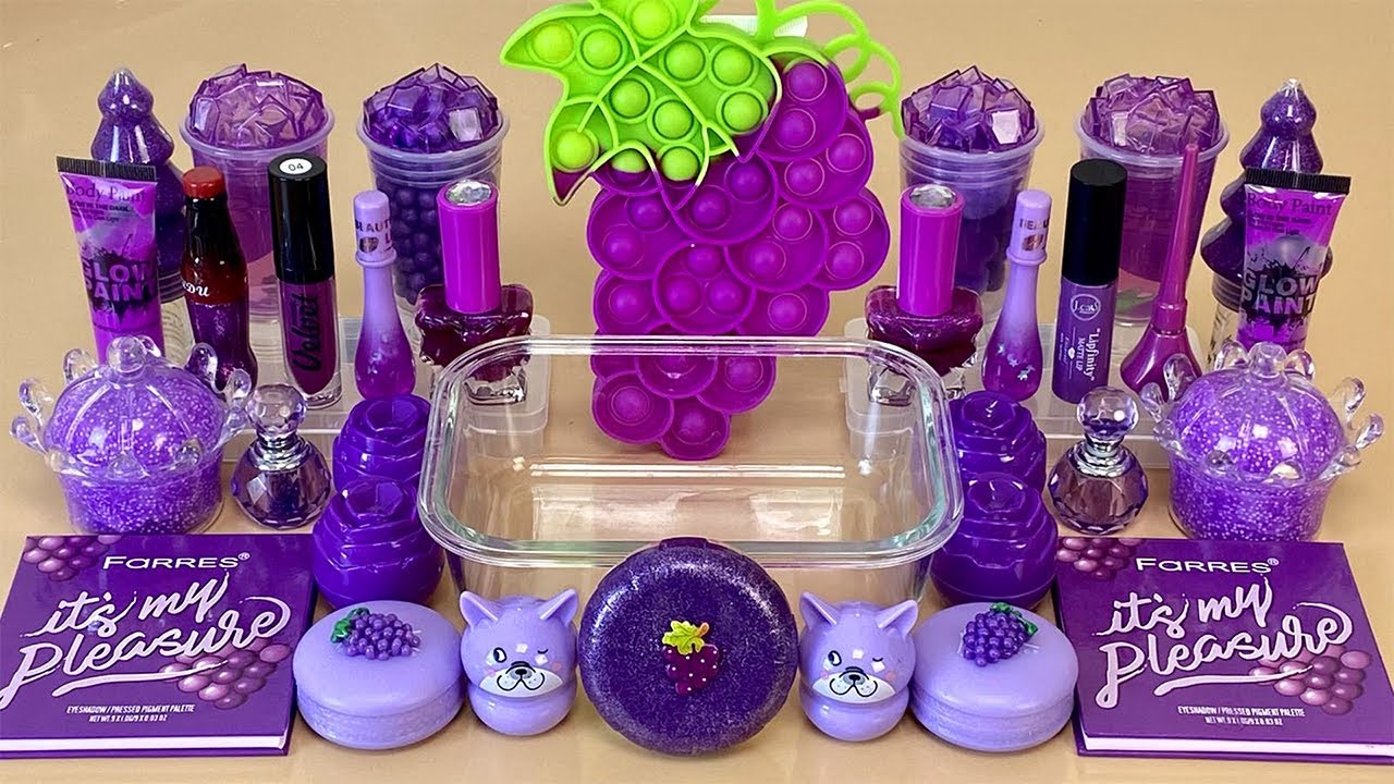 GRAPE SLIME 🍇💜 Mixing makeup and glitter into Clear Slime 💯% ASMR Satisfying Slime Video 1080p