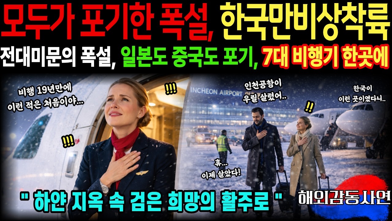 [해외감동사연] 전대미문의 유례없는 폭설로 오갈데 없어진 비행기 7대, 중국도 일본도 안돼. 한국 인천공항만 열렸다, 프랑스 승무원 무릎꿇고 오열한 이유?