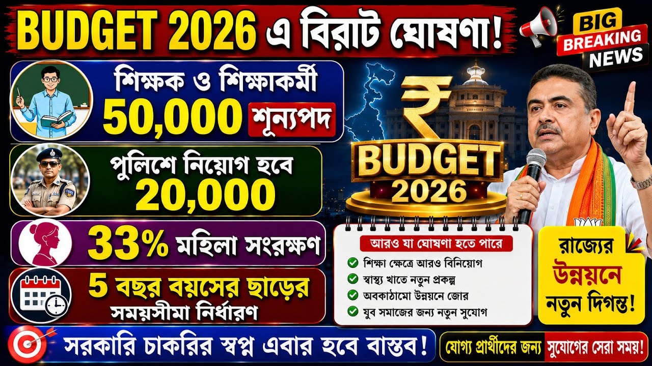 Budget 2026 Breaking News | 50,000 School Jobs + 20,000 Police Recruitment Update | WB Budget 2026