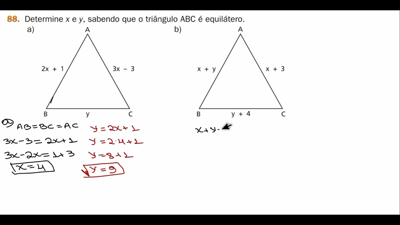 88- Determine x e y, sabendo que o triângulo ABC é equilátero.