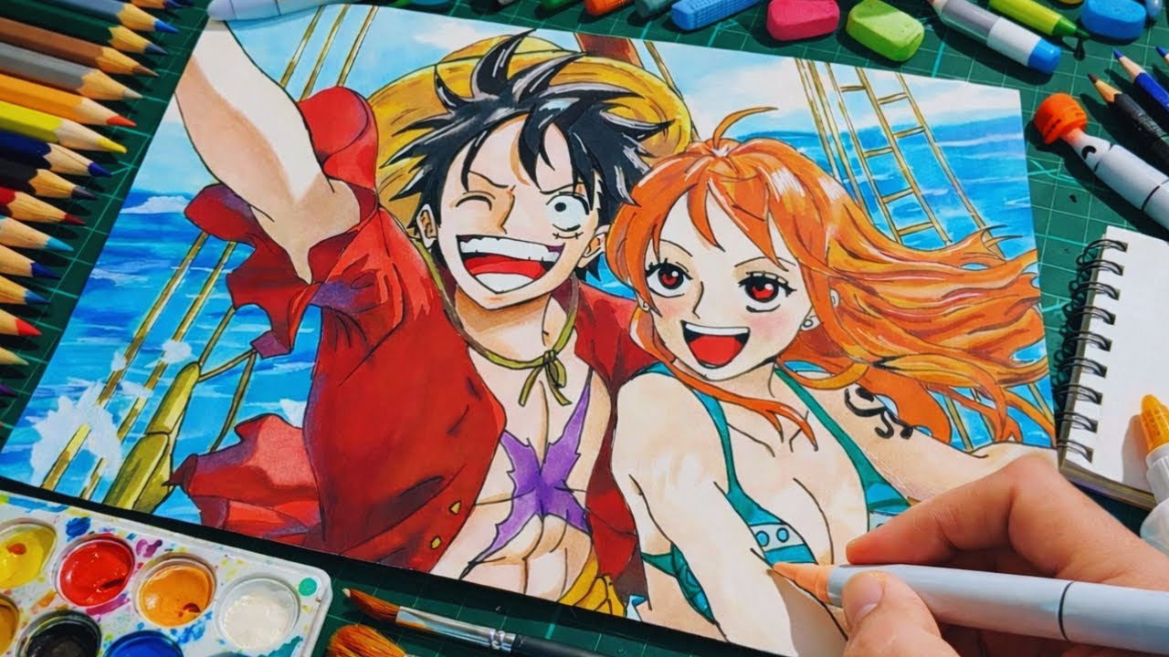Aprenda Esboço e Pintura em 1 Vídeo | Desenhando Luffy e Nami - One Piece