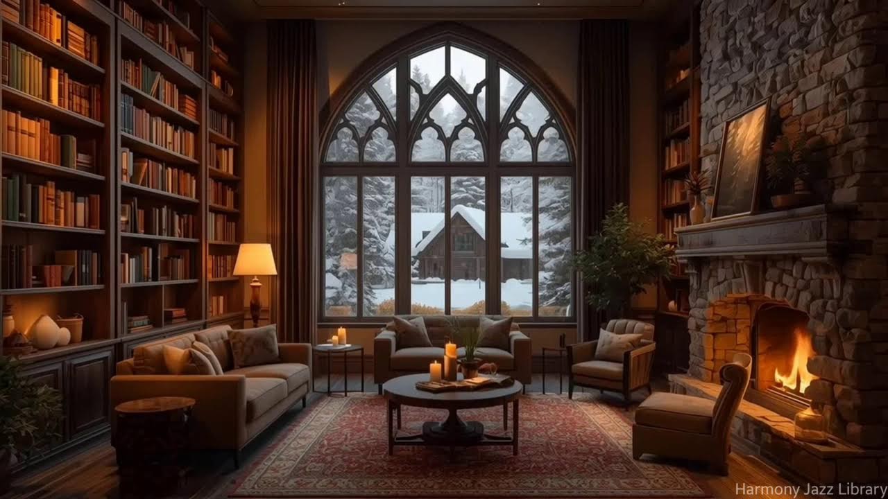 Calming Winter Jazz Snowy Cabin Library Retreat for Reading Comfort, Warm Lights & Quiet Focus