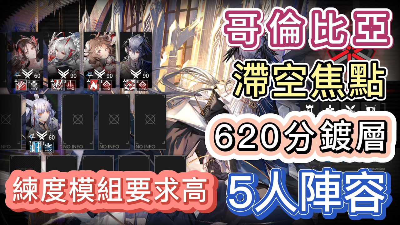 【明日方舟】哥倫比亞 滯空焦點「620分蝕刻章鍍層」5人陣容（維邏；該作業練度模組要求高，不達標可按指示調整tag多上幹員！）（弧光作戰 - 危機合約）|| Arknights