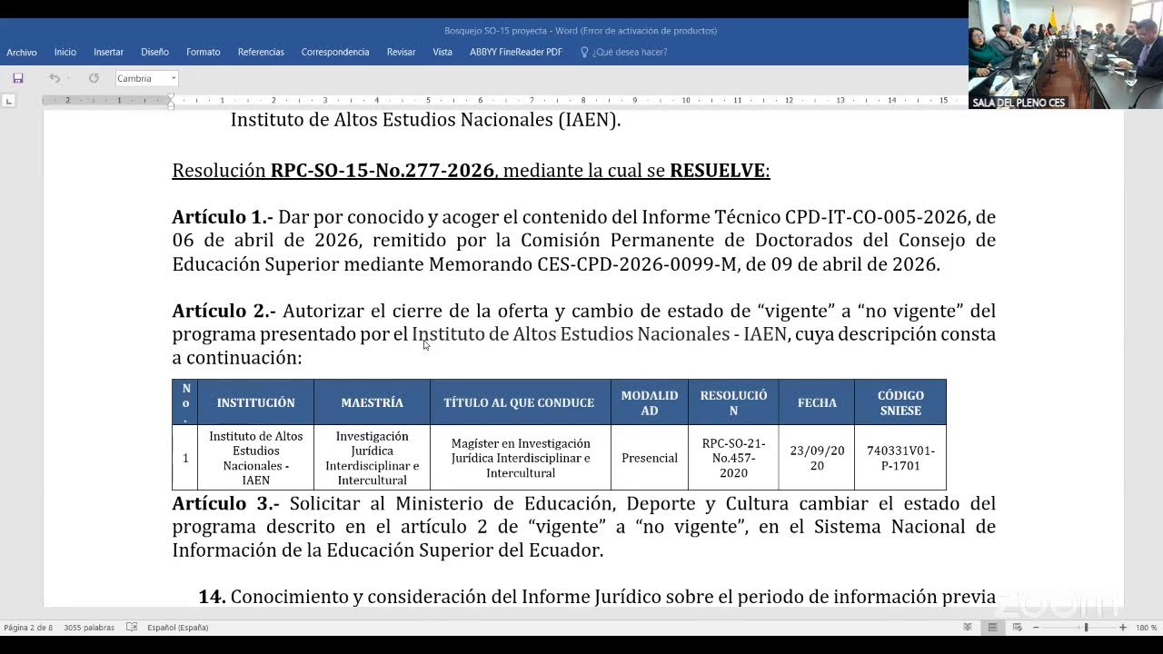 D&eacute;cima Quinta Sesi&oacute;n Ordinaria del Pleno del CES.