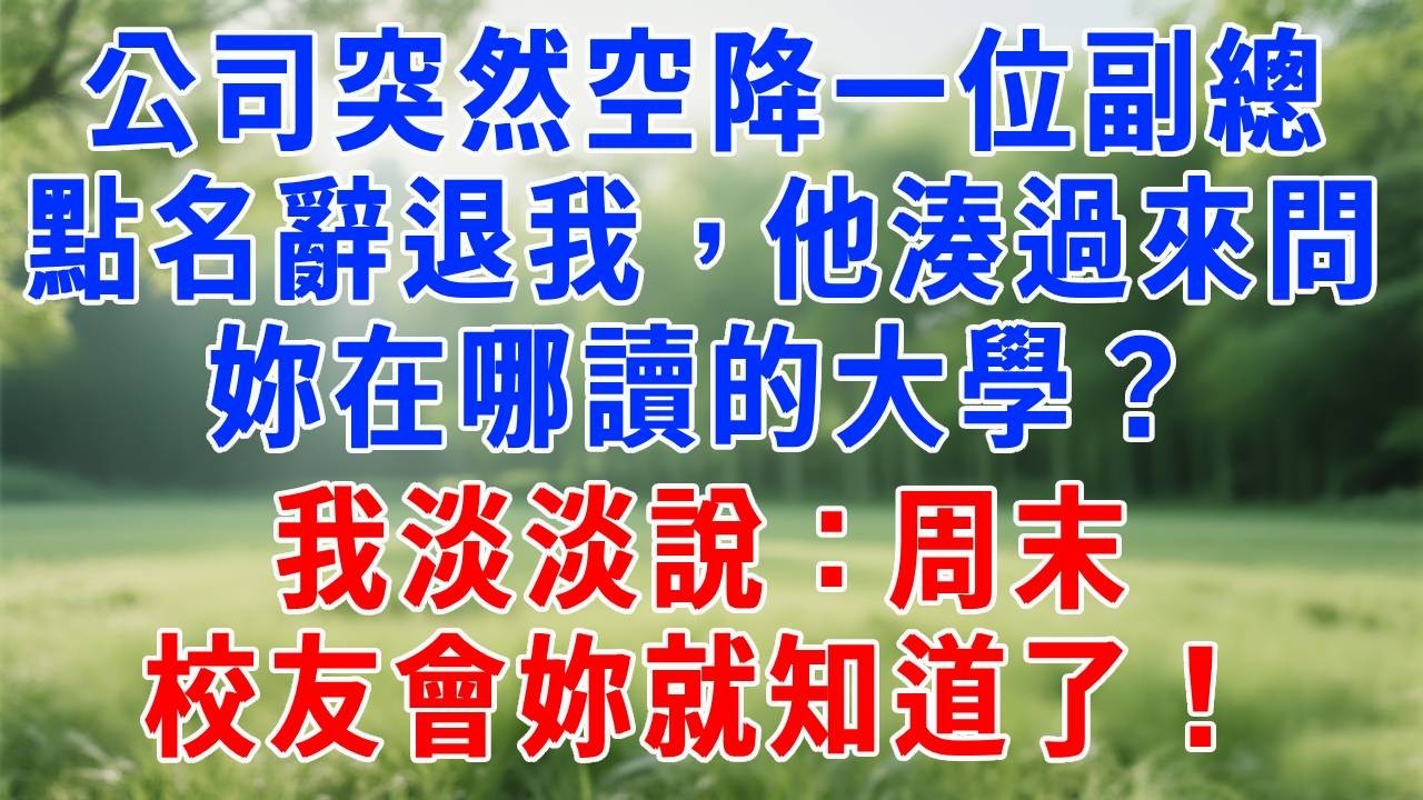 公司突然空降一位副總，點名辭退我，我利落辦完離職，他湊過來問：妳在哪讀的大學？我淡淡說：周末校友會妳就知道了！#故事分享 #故事頻道 #生活經驗 #人生感悟 #职场 #正能量 #打脸 #情感