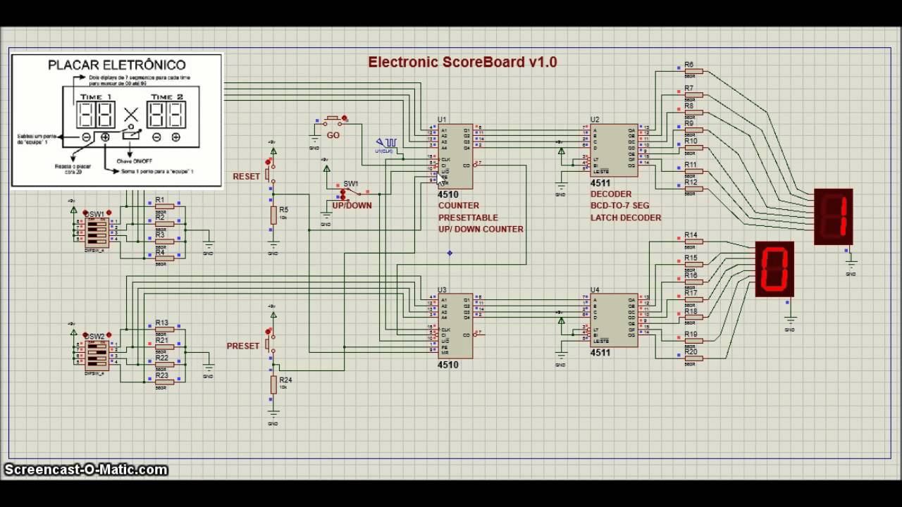 Proteus - IC 4510 + IC 4511 - Electronic Scoreboard Circuit