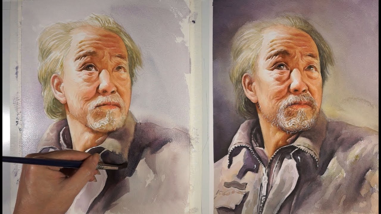 Watercolor painting Portrait of the old man
