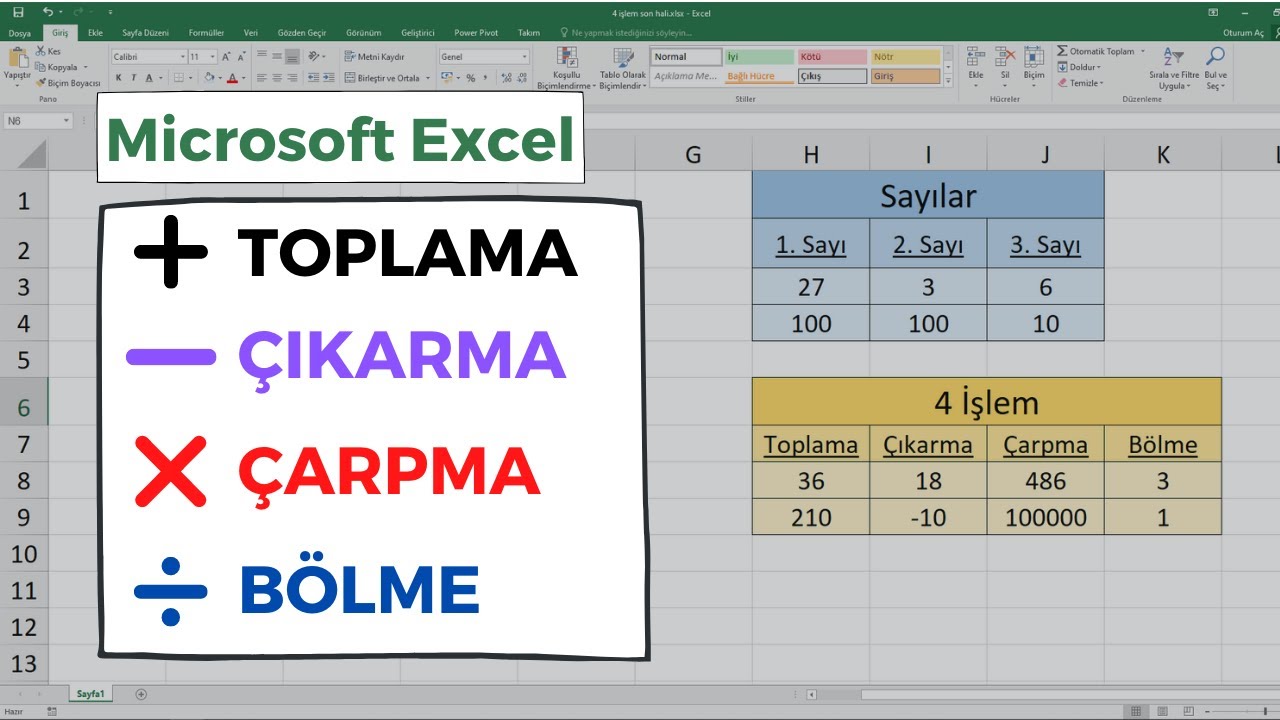 Excel Dersleri - Toplama - Çıkarma - Çarpma - Bölme (4 İşlem)