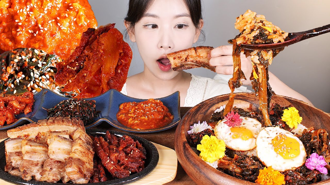강원도 밥상🧡 곤드레 시레기 비빔밥, 삼겹살 더덕구이, 멍게무침, 민들레무침, 명태회무침 먹방Bibimbab korean food [eating show] mukbang