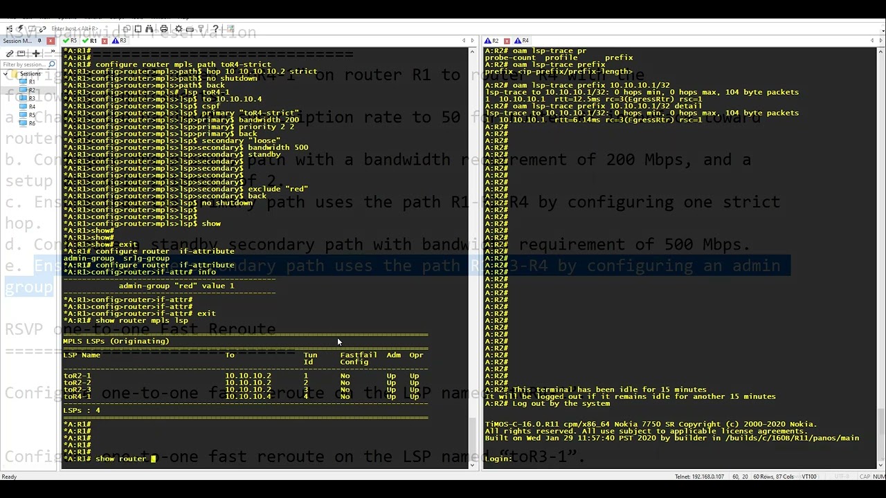 Nokia SROS (TIMOS)  RSVP bandwidth reservation & one-to-one Fast Reroute