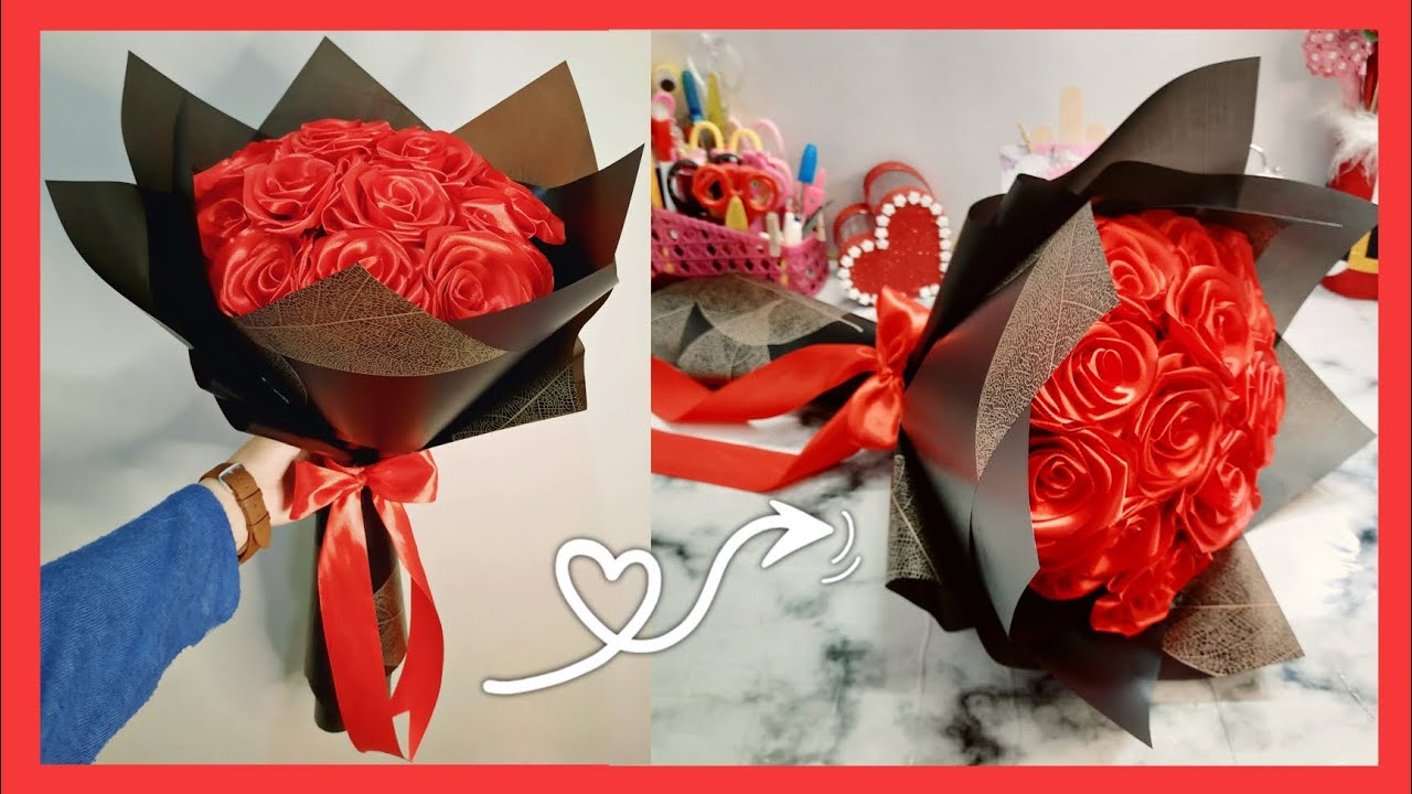 طريقة عمل بوكيه ورد من شريط الستان بوكيه العمركله💐|How to make a bouquet of roses from satin ribbons