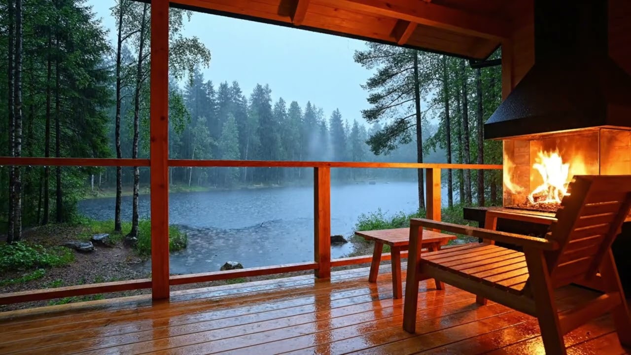 Rainy Forest Cabin by the Lake 🌧️ Cozy Fireplace Balcony for Deep Sleep (3 Hours)