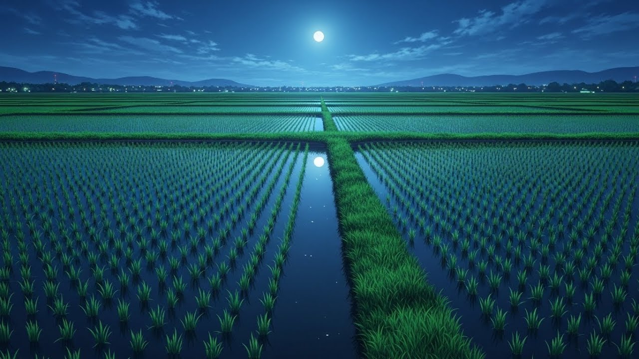 Chill Lofi Nightscape Glowing Softly Across Rice Paddies Wrapped In Cool Drifting Starlight