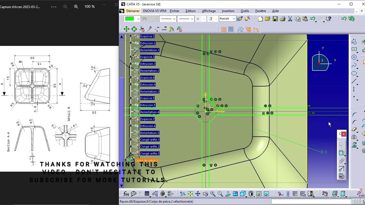 Exercice 3d, Catia v5, generative shape design, part design, RENFORT PLASTIQUE. Partie 1