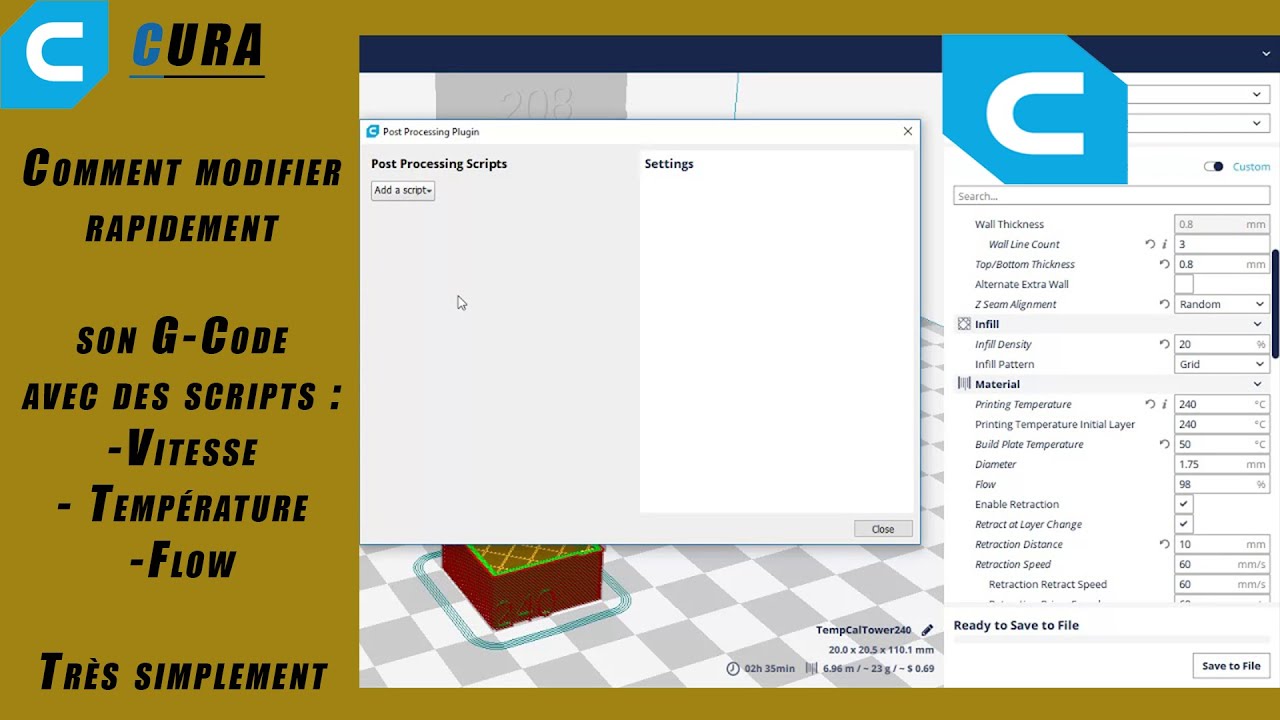 [Impression 3D] Alfawise U20 Comment ajouter une pause, changer de température sur Cura 3.5.1