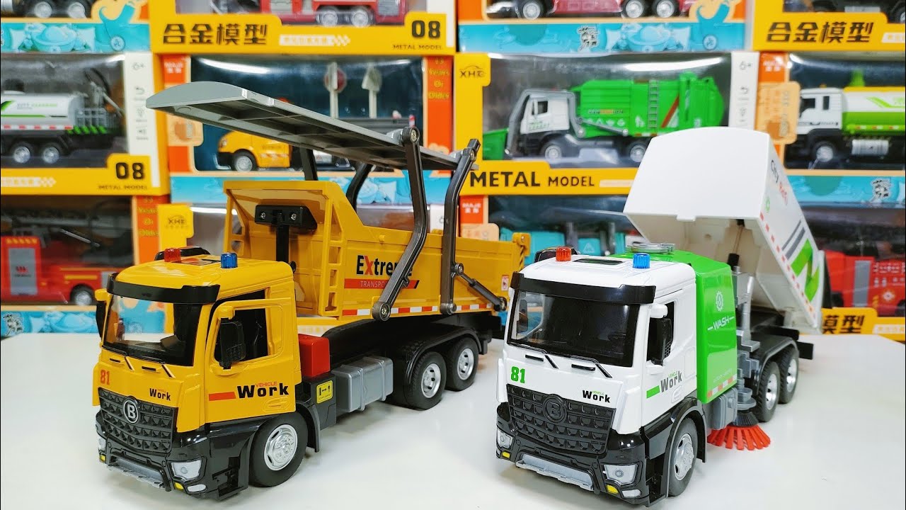 Realistic Toy Dump Truck & Street Sweeper – ASMR Unboxing & Feature Demo