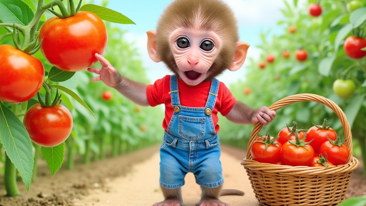 Monkey Nana Drives a Tractor and dreams of a new tomato harvest - NANA MONKEY LIFE