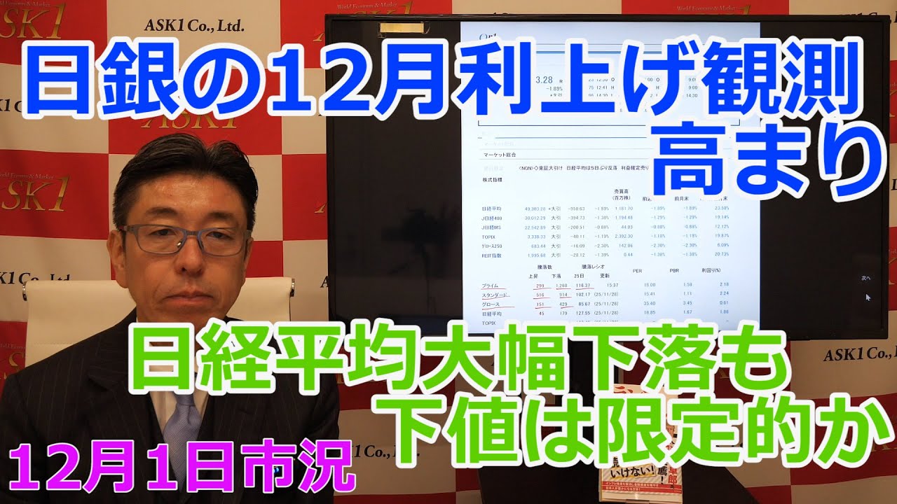 2025年12月1日【日銀の12月利上げ観測高まり日経平均大幅下落も下値は限定的か】（市況放送【毎日配信】）