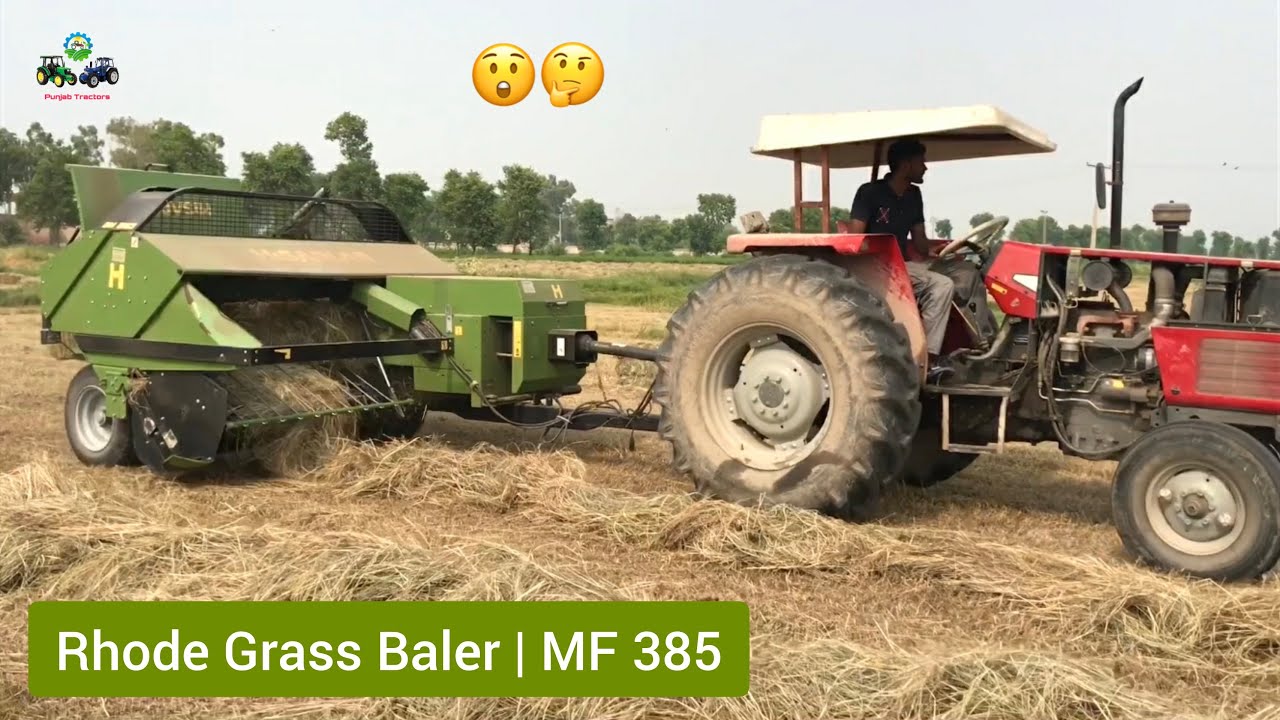 Rhode Grass Baler Massey Ferguson 385 Operating with PTO Shaft Power