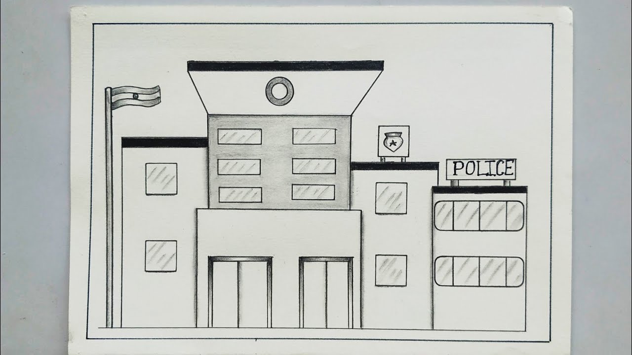 police station drawing || how to draw police station drawing || easy police station drawing